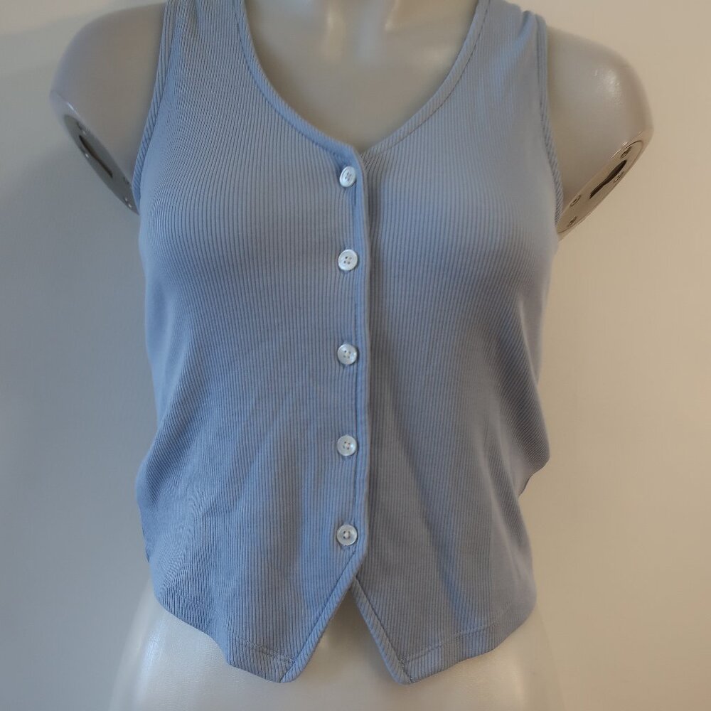 Veronica Beard Light Blue Ribbed Button Front Tank - Picture 4 of 12